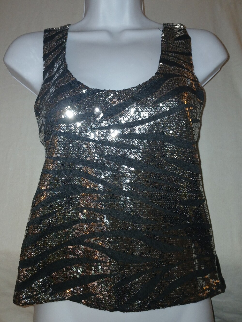Pre-loved Sequin Zebra-Stripe Tank Top in Black and Silver.